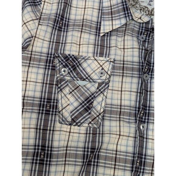 7 Diamonds Shirt Mens M Pearl Snap Short Sleeve Gray Plaid Pockets Western Retro - Picture 5 of 9